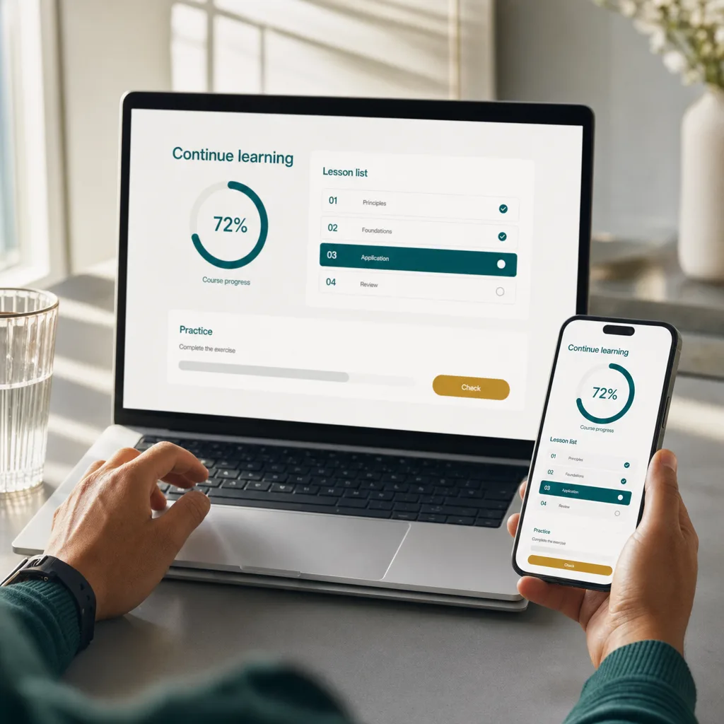 Inside the program: course dashboard with modules, lessons and reference guides